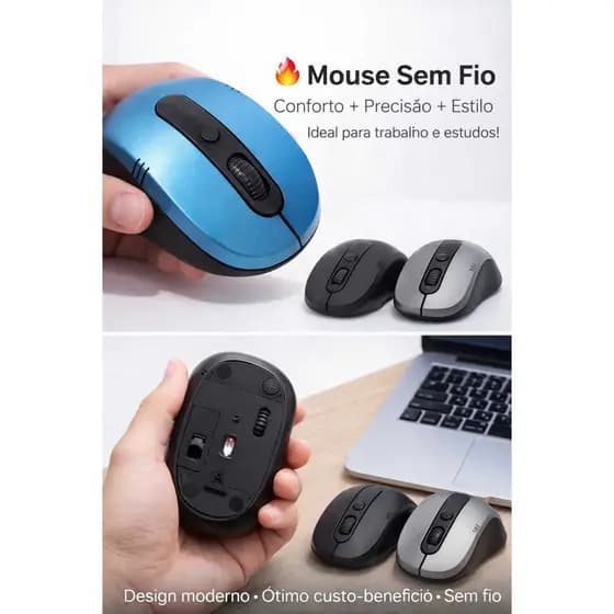 Mouse Sem Fio Anxin 2.4G Ergonômico com Ajuste DPI – Preto Azul Prata