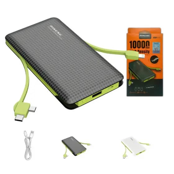 Power Bank 10000mAh Pineng Portátil com Cabos Embutidos USB Tipo C e Lightning Carregador Rápido