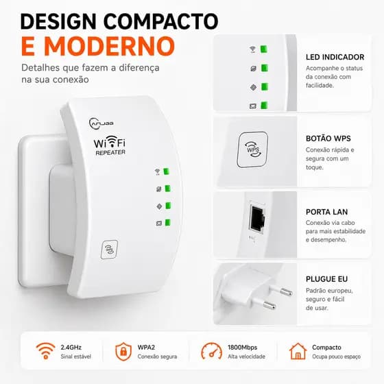 Repetidor WiFi 300Mbps 2.4GHz Amplificador de Sinal Wireless Extensor com Porta RJ45