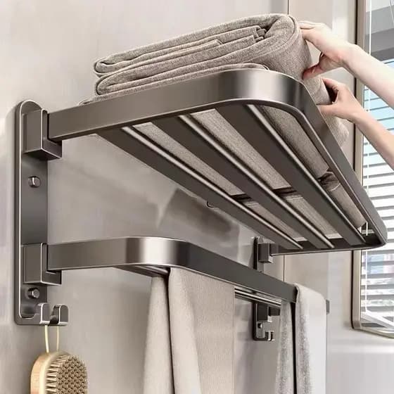 Toalheiro Banheiro Dupla Camada Retrátil 90° Aço Inoxidável Porta Toalha de Parede Premium Organizador Moderno