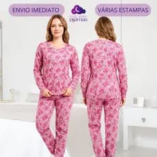 Pijama Longo Feminino Suede Premium Inverno Macio Confortável Estampado P ao GG
