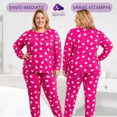 Pijama Plus Size Longo Feminino Suede Premium Inverno Macio Confortável Estampado G1 ao G3