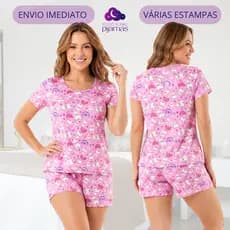 Pijama Baby Doll Feminino Manga Curta Malha Suede Short Doll Confortável Feminino