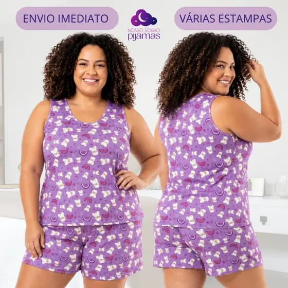 Pijama Baby Doll Regata Plus Size Feminino Malha Suede Short Doll Dormir