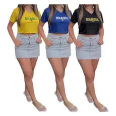 Kit 03 Camisas Cropped do Brasil Feminino - Amarelo - Azul - Preto - Promoção, Queima de Estoque!