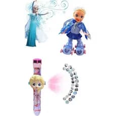 Kit Frozen Elza Relógio Projetor + Boneca Frozen Patinador