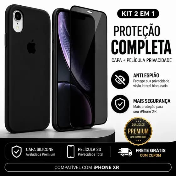 Kit 2em1 Capa + Pelicula Privacidade Para iPhone XR - Case Silicone Aveludada + Pelicula Privacidade 3D