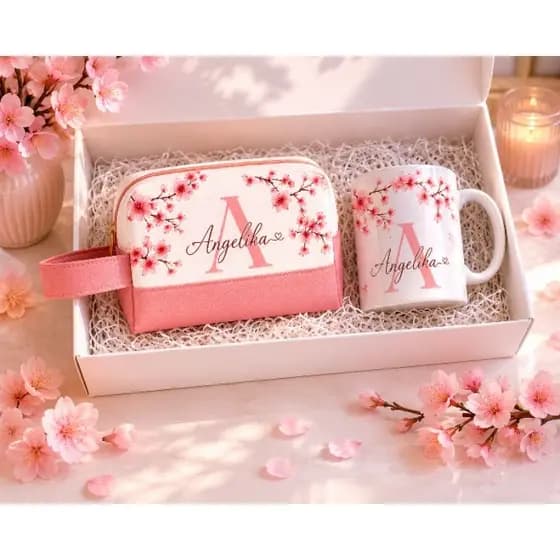 Kit Presente Feminino Personalizado com Nome Necessaire Box Floral e Caneca Delicada