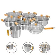 Conjunto de 5 Panelas de Aluminio batido grosso Tampa de Vidro 16 a 24 Canecao N 12 Frigideira N20