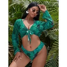 Conjunto de maiô plus size de três peças, estampado, top de malha, costas abertas, férias na praia