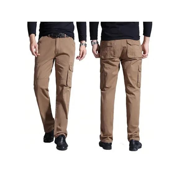 cor sólida solta-ajuste calças casuais de perna reta masculina calças de carga de 6 bolsos na moda