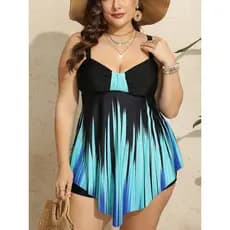 Maiô feminino plus size de duas peças, saia-suspender listrada em degradê e shorts boxer