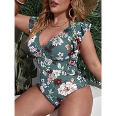 Maiô feminino plus size com mangas franzidas, cobertura abdominal, estampa floral,