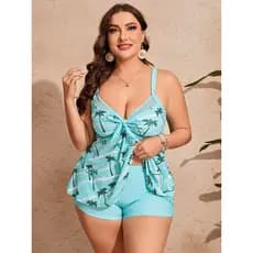 Maiô plus size de duas peças com alças cruzadas e saia justa. Estampado Costas abertas Férias Praia