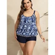 Maiô feminino plus size de duas peças, estampado, suspensórios, boxer shorts