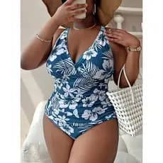 Maiô plus size com decote em V profundo e alças cruzadas, estampado, para férias na praia