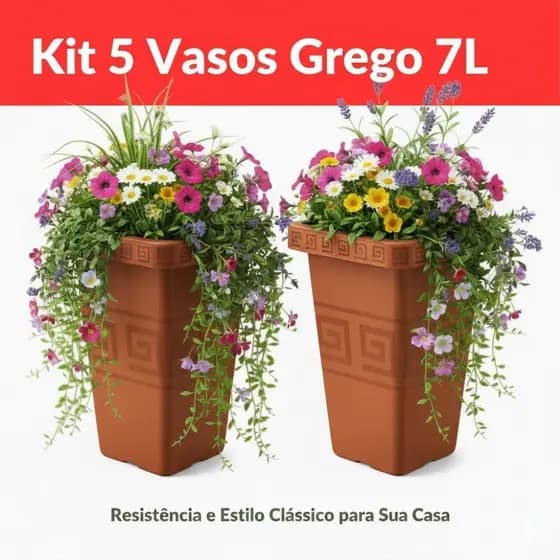 Kit 5 Vasos Grego 7 Litros Quadrado Decoração Jardim Plástico Resistente Plantas Flores Casa Quintal
