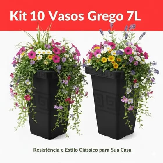 Kit 10 Vasos Jardim 7 litros Grego Decoração Quadrado Plantas Flores Quintal Plástico Resistente