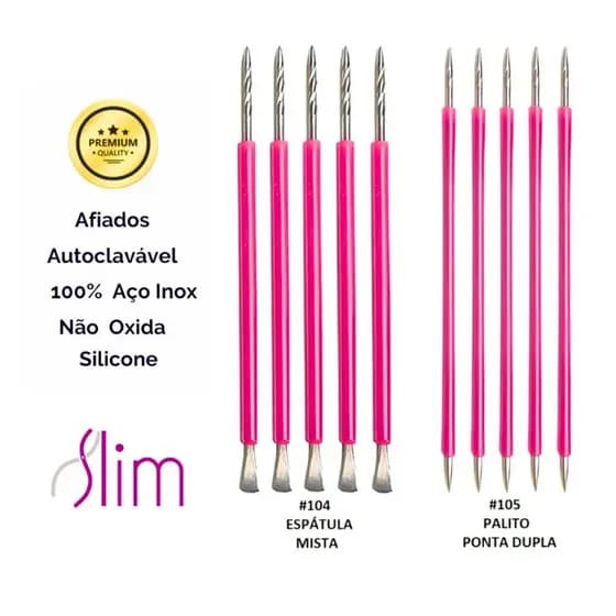 Kit 05 Palitos Unha + 05 Espátulas Mista Bastão Slim Manicure Podologia