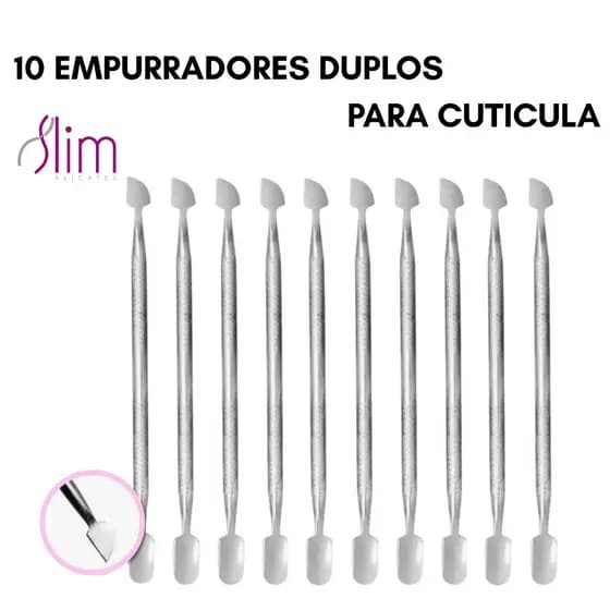 Kit 10 Espátulas Dupla Empurrador Inox Profissional Manicure e Pedicure Slim