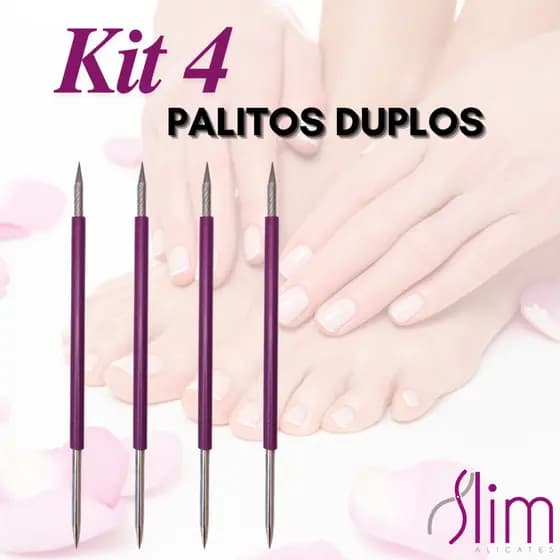 Kit com 4 Palito Duplo 105 Cutícula Manicure Pedicure Cutelaria Unha Roxo Silicone Esterilizável Inox Slim