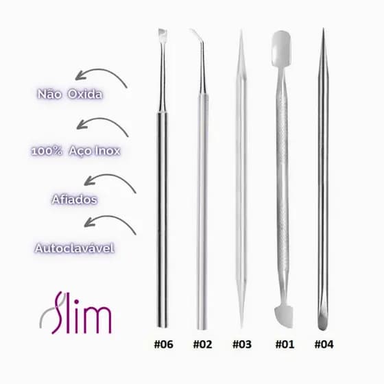 Kit Manicure Profissional 5 Itens - Espátulas Palitos -  Aço Inox -  Pedicure e Podologia Slim