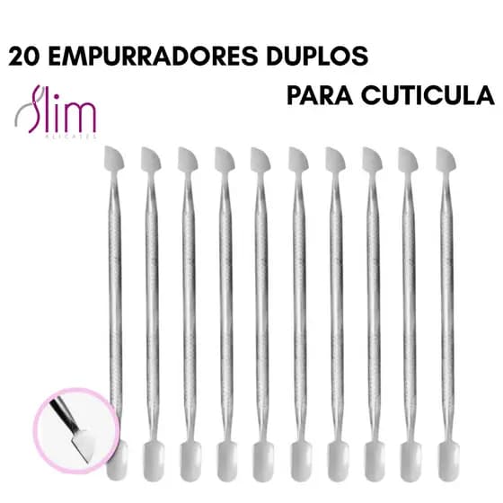 Kit 20 Espátulas Dupla Empurrador Inox Profissional Manicure e Pedicure Slim
