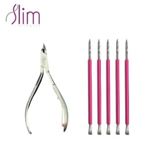 Kit com 05 Espátulas  Bastão Mista + Alicate Slim Profissional Unha Inox Com Silicone ROSA Cutelaria Manicure