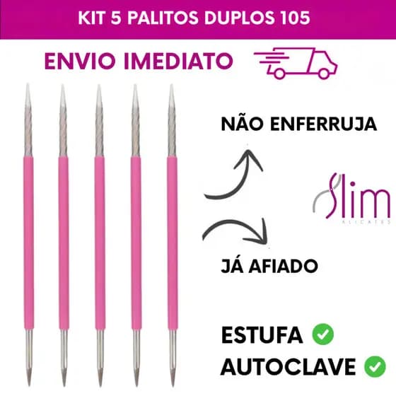 Kit Slim 105 – 5 Palitos Duplos Inox Rosa para Manicure/Pedicure