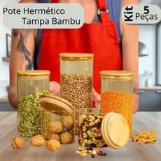 Kit 5 Potes Vidro Herméticos Tampa Bambu Organizador Alimentos Massas Grãos