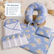Kit Enxoval Bebê 9 Peças Nuvem Azul | Almofada Amamentação + Toalha Capuz + Paninhos + Colchonete com Travesseiro