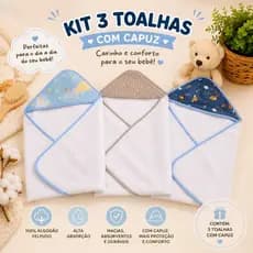 Kit 3 Toalhas de Banho Bebê com Capuz Felpuda 100% Algodão Macia e Absorvente | 3 estampas diferentes