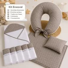 Kit Enxoval Bebê 9 Peças Estampa Neutra | Almofada Amamentação + Toalha Capuz + Paninhos + Colchonete com Travesseiro