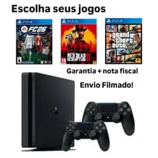 PS4 Slim 500GB + 2 Controles Novos + Jogos CD | Revisado + Garantia + nota Fiscal.