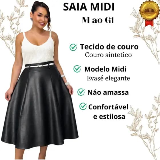 Saia Feminina Longa em Couro Fake Cintura Alta Moda Evangélica Elegante Casual Tendência do P ao GG