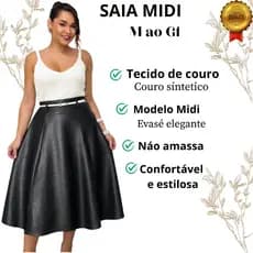 Saia Feminina Longa em Couro Fake Cintura Alta Moda Evangélica Elegante Casual Tendência do P ao GG