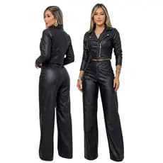 Calça Feminina Couro Fake Wide Leg Pantalona Cintura Alta Modeladora Premium Luxo Blogueira