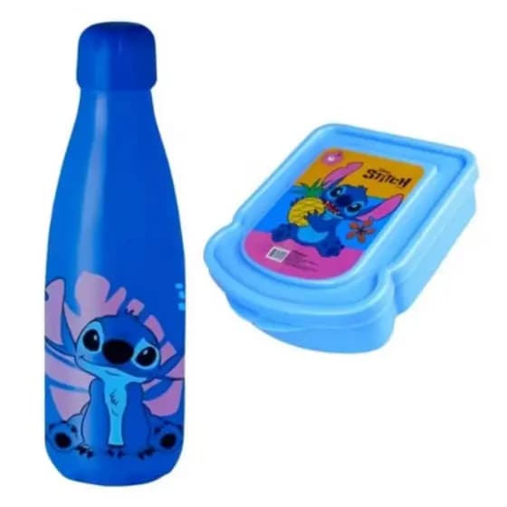 Kit Garrafa Squeeze Stitch +Porta Lanche Lancheira Sanduicheira Infantil 2 Peças