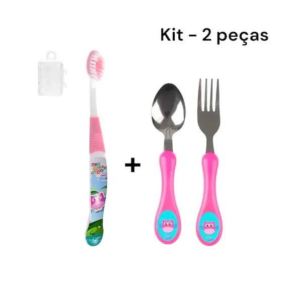 Kit Infantil 2 Peças - Escova + Talheres Coruja perfeita Rosa