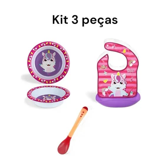 Kit 3 Peças Infantil – Pratinho + Tigela + Babador + Colher Unicórnio/Cachorro