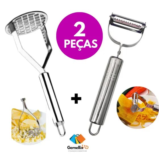 KIT 1 Amassador Batatas Legumes Feijão Aço Inox e 1 Descascador Fatiador Inox Legumes Frutas Dupla Lâmina Móvel JOGO