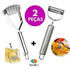 KIT 1 Amassador Batatas Legumes Feijão Aço Inox e 1 Descascador Fatiador Inox Legumes Frutas Dupla Lâmina Móvel JOGO