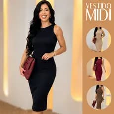 Vestido Midi Canelado Feminino Elegante Justo Tubinho Moda Casual Festa Trabalho Gola Redonda