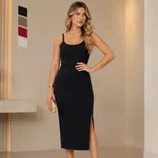 Vestido Midi Feminino Elegante Canelado Moda Tubinho Premium Casual Básico Gola Redonda