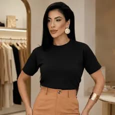Blusa Feminina Elegante Básica Manga Curta Tecido Confortável Tshirt Modelagem Justa 100% Algodão