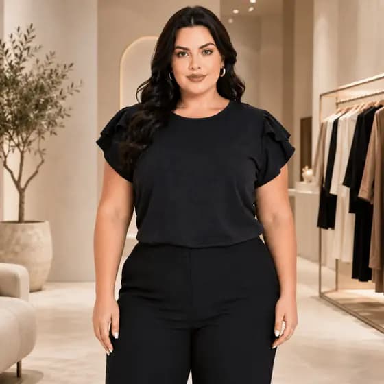 Blusa Feminina Plus Size Manga Babado Soltinha Casual Elegante Confortável Tecido Premium