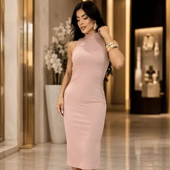 Vestido Midi Canelado Gola Alta e Manga Cavada Conforto e Estilo em Diversas Cores