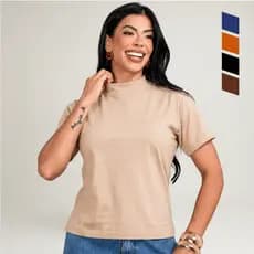 Blusa Feminina Tecido Premium TShirt Gola Alta Casual Elegante Costura Moderna 100% Algodão