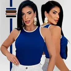 Blusa Regata Feminina Bicolor Canelada Básica de Tecido Canelado Premium