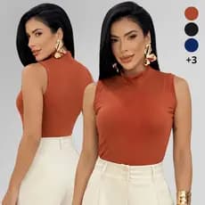 Blusa Feminina Gola Alta Canelada Regata Ajustada com Elastano Básica Elegante e Versátil